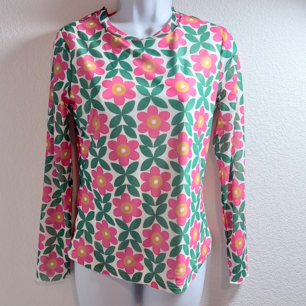 Retro Floral Print Stretchy Long Sleeve Top Pink Green Mesh Style Womens M